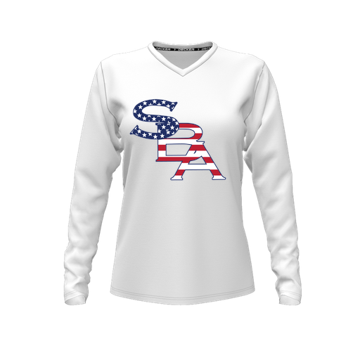 [CUS-DFW-TEES-PER-VNK-LSL-WHT-FYXS-LOGO1] Performance T-Shirt (Female Youth XS, White, V Neck, Logo 1, Long Sleeve)