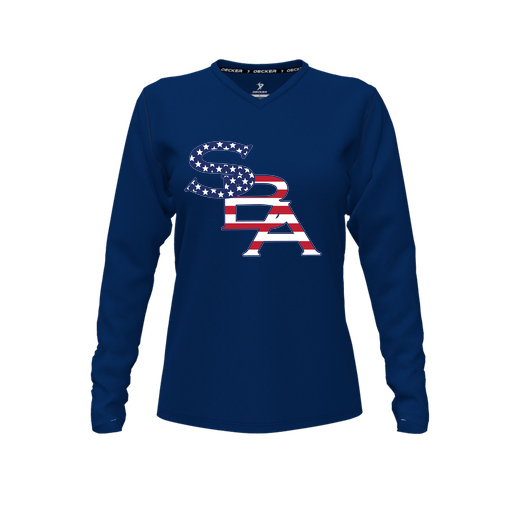 [CUS-DFW-TEES-PER-VNK-LSL-NVY-FYXS-LOGO1] Performance T-Shirt (Female Youth XS, Navy, V Neck, Logo 1, Long Sleeve)