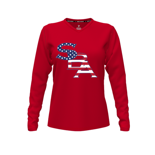 [CUS-DFW-TEES-PER-VNK-LSL-RED-FYXS-LOGO1] Performance T-Shirt (Female Youth XS, Red, V Neck, Logo 1, Long Sleeve)